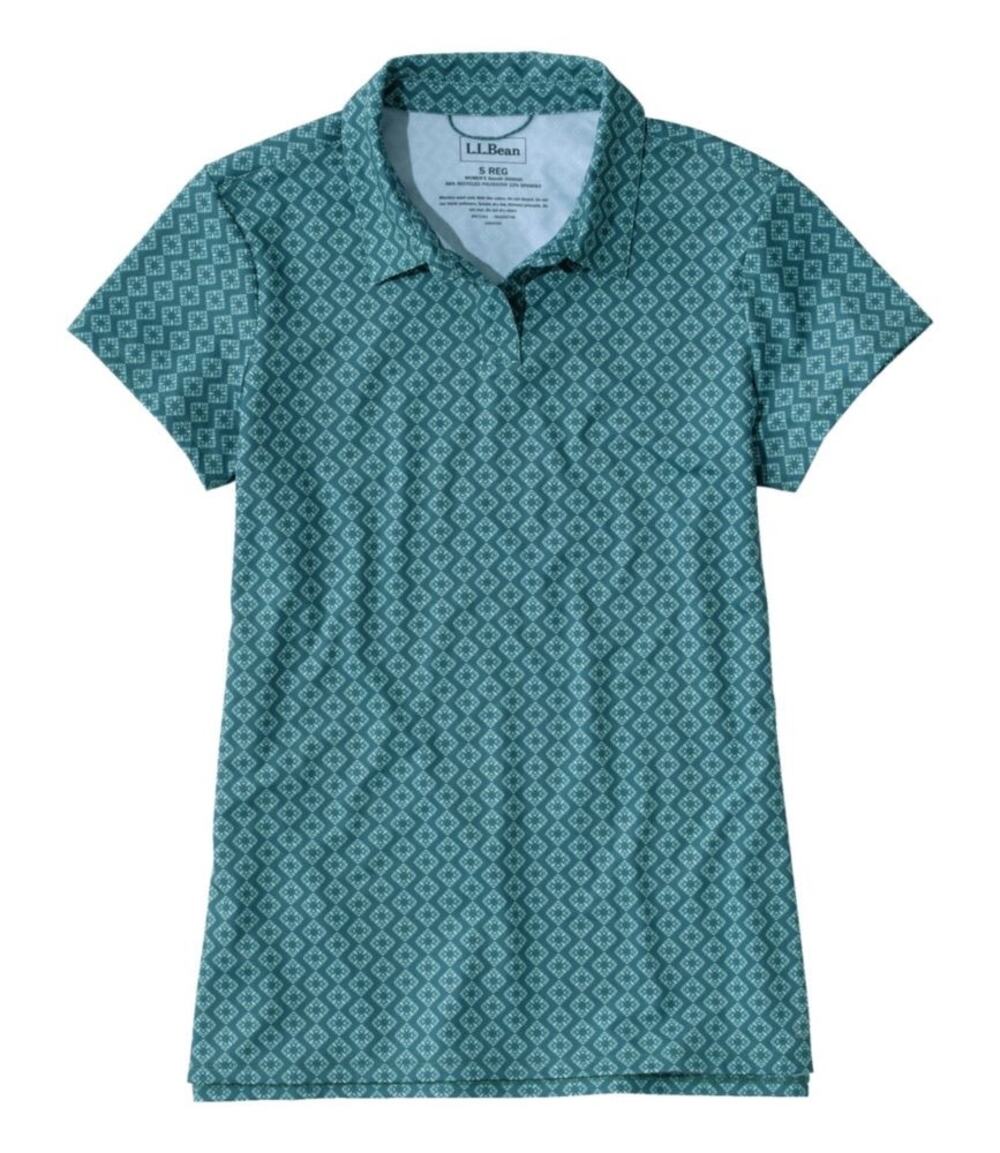 L.L.Bean Women's Access Polo, Short-Sleeve Print Storm Teal Diamond Sz L Petite
